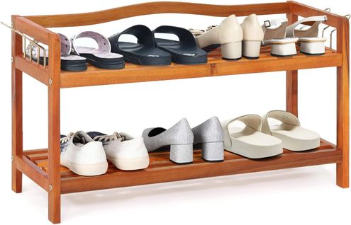 Etagere Chaussure à 2 Niveaux En Bois D’acacia, Crochets Métalliques Latéraux (2 Niveaux)