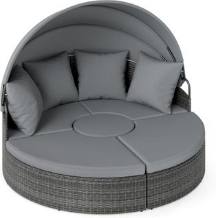 Lit De Jardin Rond En Rotin Pe Avec Auvent Rétractable, Coussins Amovibles Et Table Basse (gris)