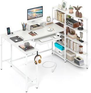 Bureau En L Avec Bibliothèque Étagères, Crochet Pour Casque Et Tiroir Pour Clavier (blanc)