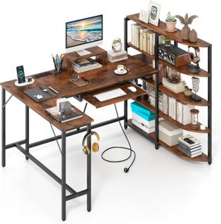 Bureau En L Avec Bibliothèque Étagères, Crochet Pour Casque Et Tiroir Pour Clavier (marron Rustique)