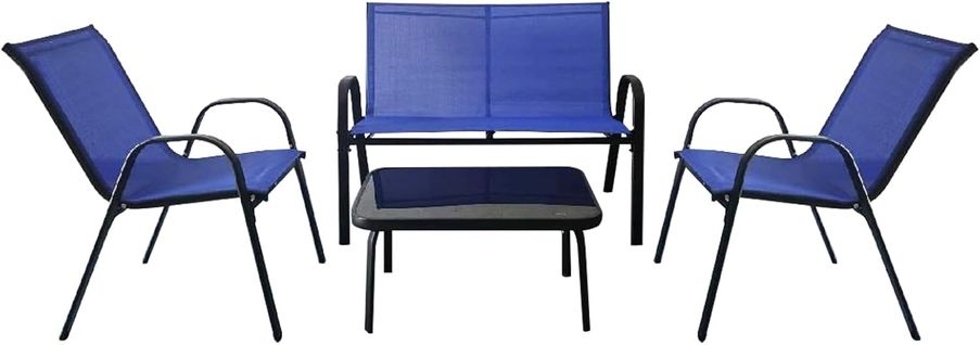 Ensemble Salon De Jardin 4 Pièces En Acier, 2 Fauteuils, 1 Canapé Et 1 Table Basse En Verre (bleu)