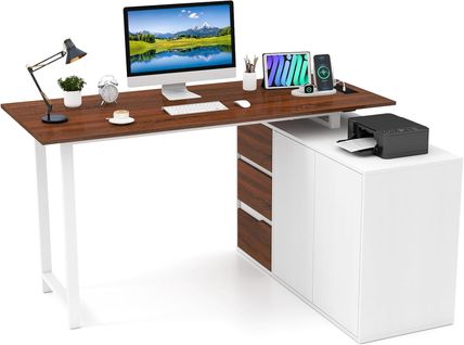 Bureau En Forme De L, Station De Travail Informatique Pour Bureau à Domicile (brun + Blanc)