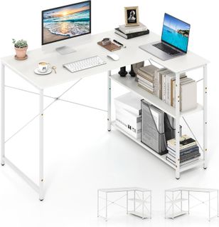Bureau D'ordinateur En Forme De L, Table D'étude Gain De Place Avec Cadre Métallique Robuste (blanc)