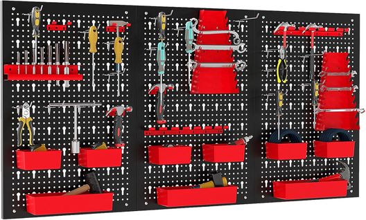Organiseur Mural Panneau Perforé Métal, 3 Panneaux 34 Accessoires, 9 Bacs, 120x60cm ，noir