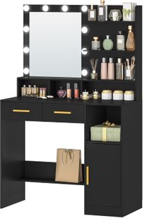 Coiffeuse Avec Miroir Et 10 Lumières LED Réglables,  3 Étagères Et 4 Compartiments Ouverts,noire