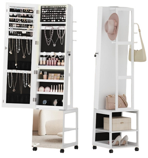 Armoire à Bijoux Avec Barre Lumineuse, Miroir Sur Pied, Miroir Mobile Avec Roulettes, Blanc