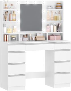 Coiffeuse Avec 10 Globes Lumineux LED, 3 Couleurs, Luminosité Réglable, Grand Miroir Hd, Blanc-or