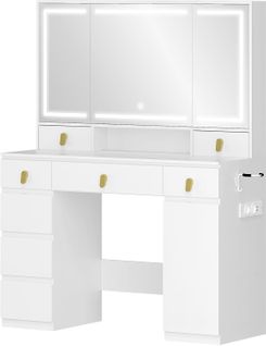 Coiffeuse Avec Miroir, Éclairage LED, Multiprise Et Support Pour Sèche-cheveux,8 Tiroirs,blanc