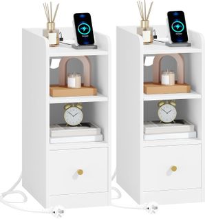 Table De Chevet Lot De 2, Avec Multiprise, Espace De Rangement à 3 Niveaux Avec 1 Tiroir, Blanc