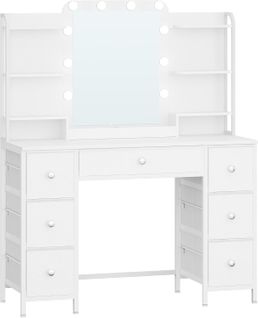 Coiffeuse Avec Éclairage LED, Coiffeuse Avec Grand Miroir Hd, 7 Tiroirs Et 6 Étagères De Rangement