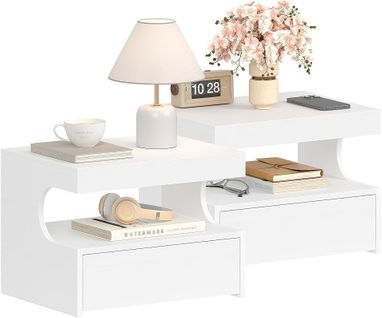 Table De Chevet Suspendue Lot De 2, Étagère Murale Avec Espace Ouvert, Pour Chambre à Coucher, Blanc