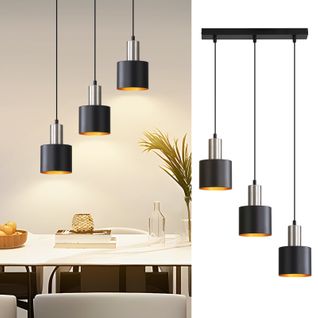 Suspension Vintage Industrielle 3 Lumières Noir Doré Abat-jour Métal  E27 Longueur Réglable