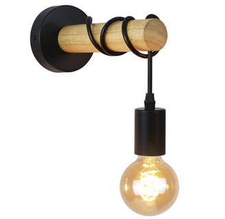 Applique Murale Rétro Industrielle - Bois & Métal Noir - Douille E27 - Style Vintage et Design