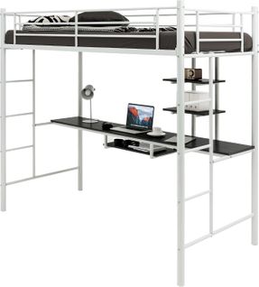 Lit Mezzanine En Métal Avec Bureau, 2 Étagères Et 2 Echelles,pour Matelas De 90 X 190 Cm (blanc)
