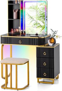 Coiffeuse Avec Miroir LED, Table De Maquillage Avec Tabouret Rembourré, Type-c, Style Moderme, Noir