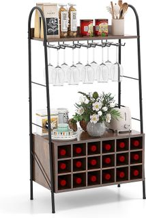 Casier à Vin Amovible, Porte-bouteille Industriel Avec Porte-verres, Étagères De Rangement