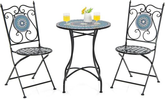 Ensemble Bistrot Pour Patio 3 Pièces En Métal à Motif Mosaïque,ensemble Salon De Jardin (bleu)