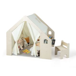 Tente De Jeu Enfant Avec Tableau Noir et Chaise Avec Coussin De Sol Amovible et Rideaux