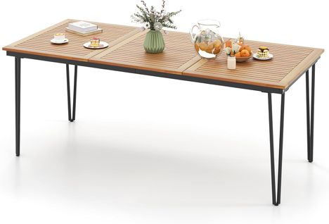 Table De Jardin 200 Cm Pour 8 Personnes, Plateau En Bois D’acacia Avec Trou De Parasol Dia.5cm