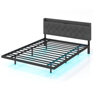 Lit 160x200 Cm Design Flottant Avec LED, Cadre De Lit Double Et Tête De Lit Rembourrée Réglable