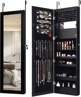 Armoire à Bijoux Murale Avec Miroir 12 LED, Meuble De Rangement Verrouillable Pleine Longueur, Noir