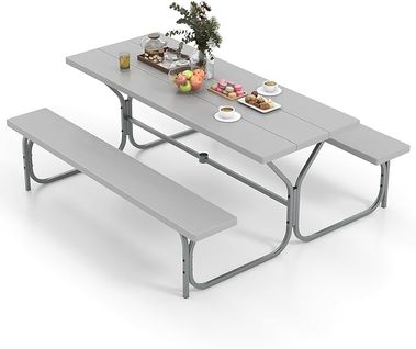 Ensemble Table Et Bancs Pour 8 Personnes, Charge 250kg Trou Pour Parasol, 183 X 161 X 76 Cm (gris)