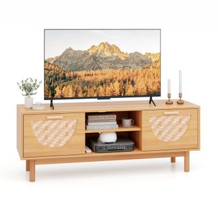 Meuble TV En Bois, Meuble Télé 2 Tiroirs Tissés En Bambou, 2etagères Ouvertes, 120x35x45,5cm