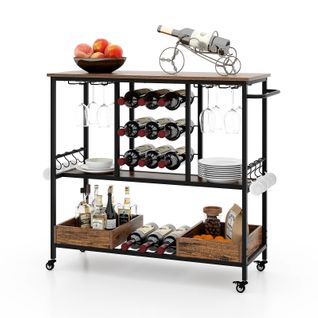 Chariot De Bar 3 Niveaux,Desserte à Roulettes,Chariot à Boissons Avec Porte-bouteilles,Marron