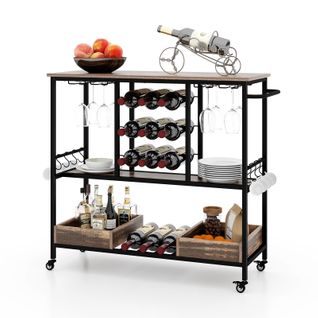 Chariot De Bar 3 Niveaux,Desserte à Roulettes,Chariot à Boissons Avec Porte-bouteilles,Gris