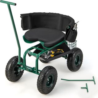 Siège De Jardin Roulant Avec 2 Poignées De Direction, Chariot Jardinage Réglable En Hauteur, Vert