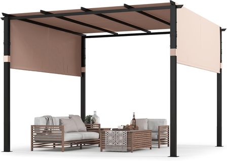 Pergola Rétractable D'extérieur Métallique à Toit Plat 305 X 305 Cm Avec Auvent Rétractable, Beige