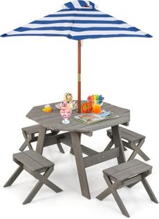 Table De Pique-nique Enfant Avec Parasol Amovible Et Réglable, Charge 100kg, Gris
