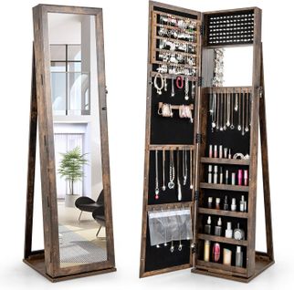 Armoire à Bijoux Sur Pieds, Miroir HD Pleine Longueur Et Miroir De Maquillage, Marron Rustique