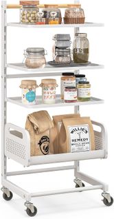 Chariot à Roulettes à 4 Niveaux, 3 Étagères Et 1 Panier, Chariot Mobile Métallique