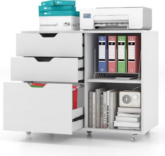 Caisson Bureau à Roulettes 3 Tiroirs, Étagère Réglable, 81 X 40 X 66,5 Cm Blanc