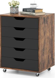 Caisson Bureau 5 Tiroirs, Caisson De Rangement à Roulette, Marron Rustique, 49 X 40 X 65 Cm