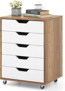 Caisson Bureau 5 Tiroirs, Caisson De Rangement à Roulette, Blanc Naturel, 49 X 40 X 65 Cm