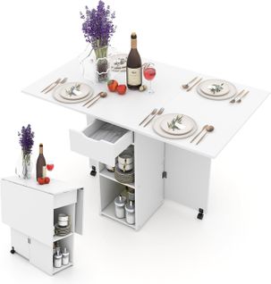 Table Pliante Cuisine, Table Pliante Interieure Avec 1 Tiroir Et 2 Etagères, 34-120 X72x75cm (blanc)