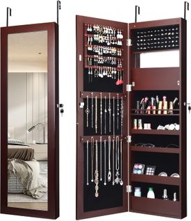 Armoire à Bijoux Murale Avec Miroir 12 LED, Meuble De Rangement Verrouillable Pleine Longueur Marron
