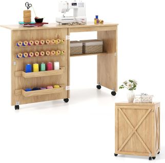 Table De Couture Pliante, Meuble Machine à Coudre Design Compact Avec Etagère Et 18 Rangées, Naturel