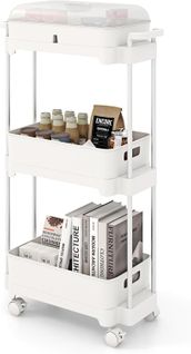 Chariot De Rangement à 3 Niveaux, Couvercle Amovible, Etagères, Organisateur De Rangement Mobile