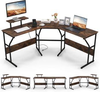 Bureau En Forme De ‘l’ Avec Prises De Courant, Bureau D'angle Avec Support D'ecran Amovible (marron)