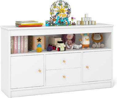 Coffre à Jouets Enfant Avec 2 Tiroirs Et 2 Armoires, Meuble De Rangement, 106 X 30 X 62 Cm