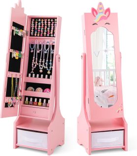 Armoire à Bijoux Enfant Avec Miroir Et Bac En Tissu, Organisateur à Bijoux En Motif Licorne (rose)