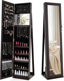 Armoire à Bijoux Sur Pieds, Miroir HD Pleine Longueur Et Miroir De Maquillage Intégré (brun Foncé)