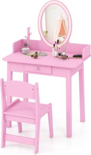 2 En 1 Coiffeuse Enfants Avec Miroir LED Et Tabouret, Table De Maquillage, Charge 50kg