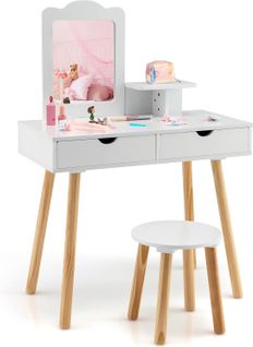 2 En 1 Coiffeuse Enfant Avec Miroir Rectangulaire Amovible Et Tabouret Mignon, Charge 20/40kg