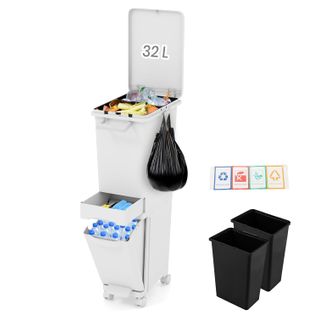 Poubelle Cuisine 32 L En Plastique, Poubelle Tri Selectif 2 Bac Avec Tiroir, 2 Seaux Amovible, Blanc