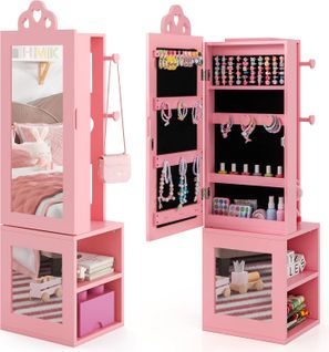 3 En 1 Armoire à Bijoux Enfant Avec Miroir Pleine Longueur, Organisateur à Bijoux En Forme Cœur Rose