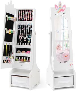 Armoire à Bijoux Enfant Avec Miroir Et Bac En Tissu, Organisateur à Bijoux En Motif Licorne (blanc)